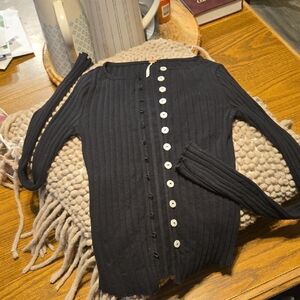 Free People Black Ribbed Button-Front Top with Contrast White Buttons